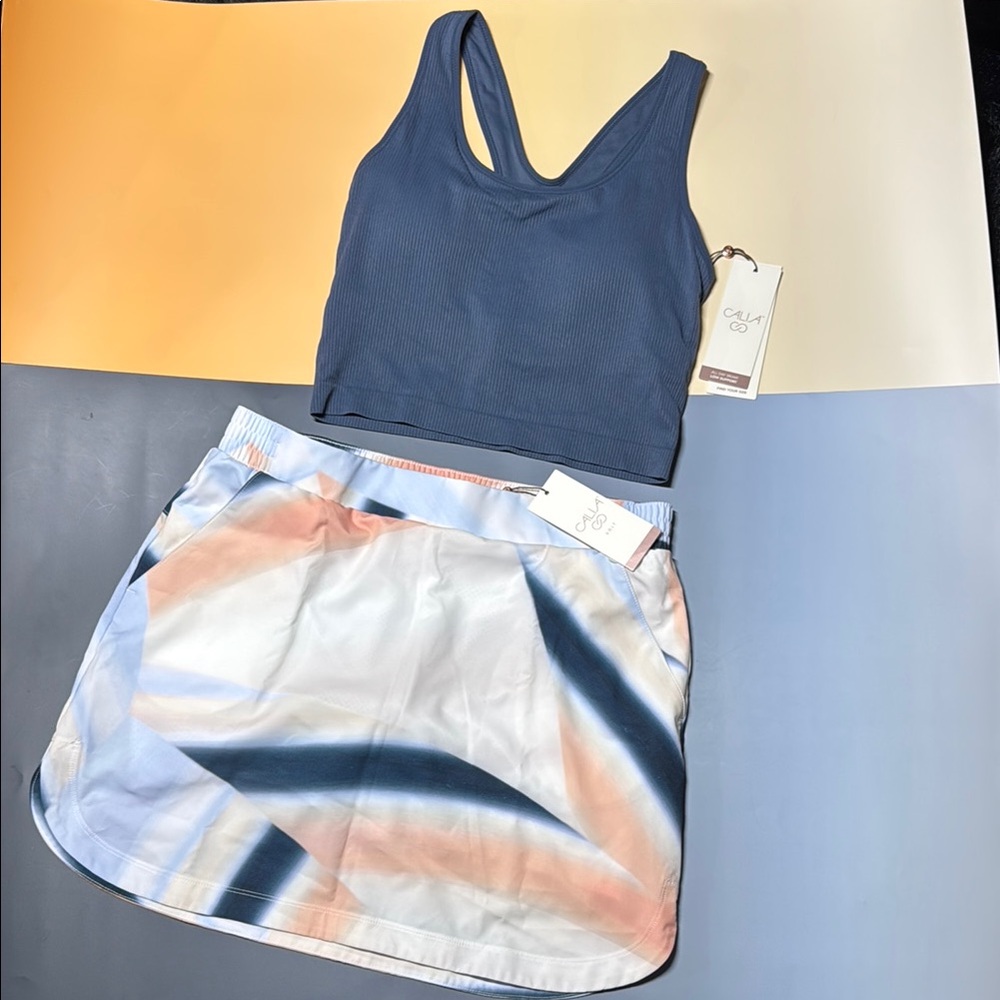 CALIA Blue Tank Top and Multicolor Golf Skirt / Skort Set Size M (NWT)